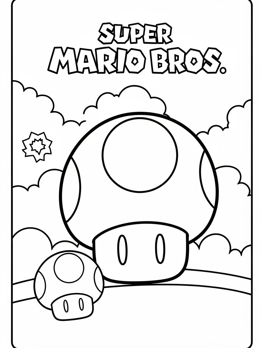 Desenho do Super Mario Bros com cogumelos para colorir