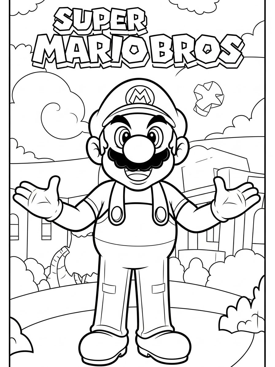 Desenho do Super Mario Bros com o Mario para colorir