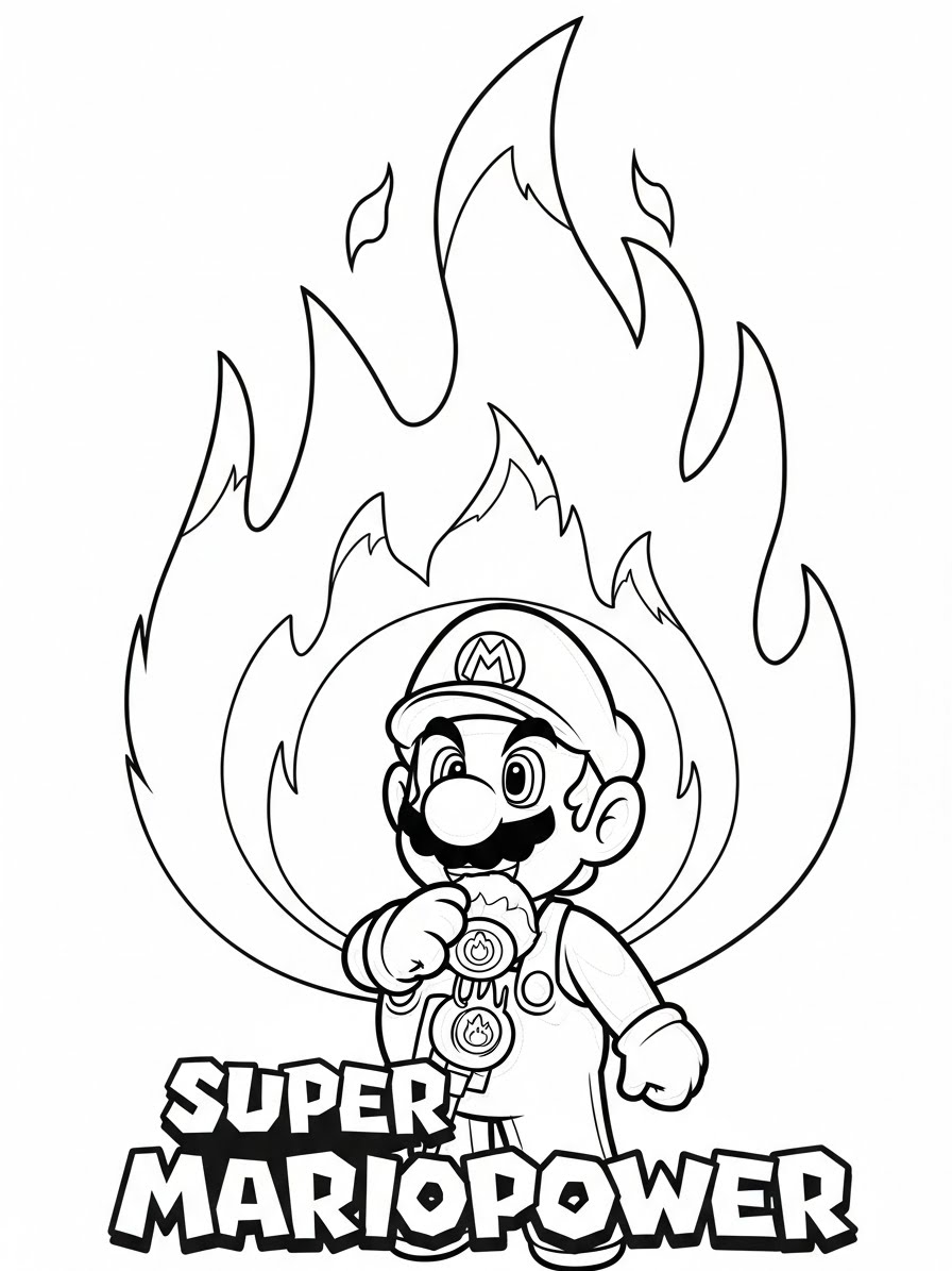 Desenho do Super Mario Bros com Mario e chamas para colorir