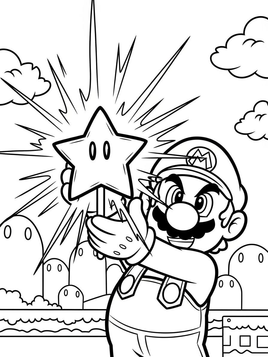 Desenho do Super Mario Bros com o Mario segurando uma estrela