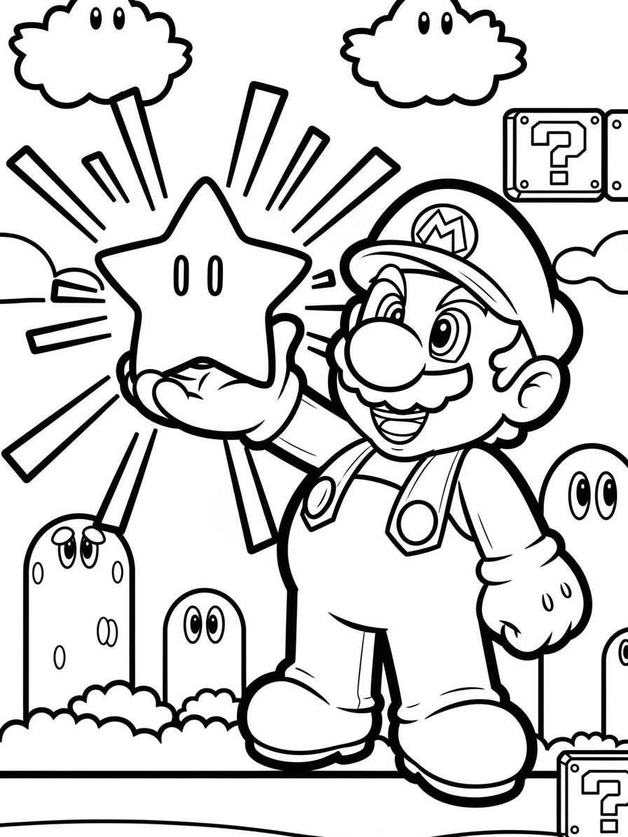 Desenho do Super Mario Bros com Mario segurando uma estrela