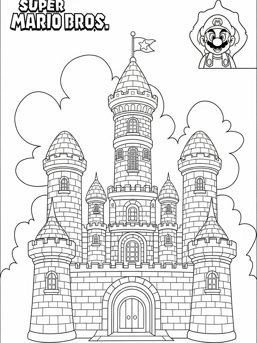 Desenho do Super Mario Bros com o castelo para colorir