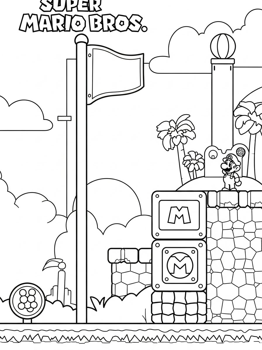 Desenho do Super Mario Bros com Mario e cenário para colorir