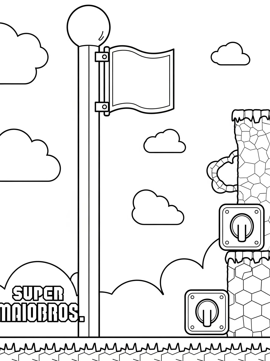 Desenho do Super Mario Bros com cenário para colorir