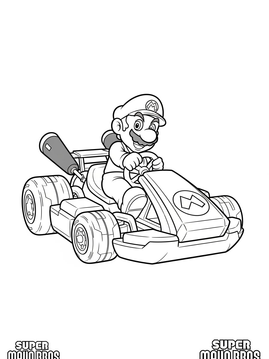 Desenho do Super Mario Bros com Mario dirigindo um kart para colorir
