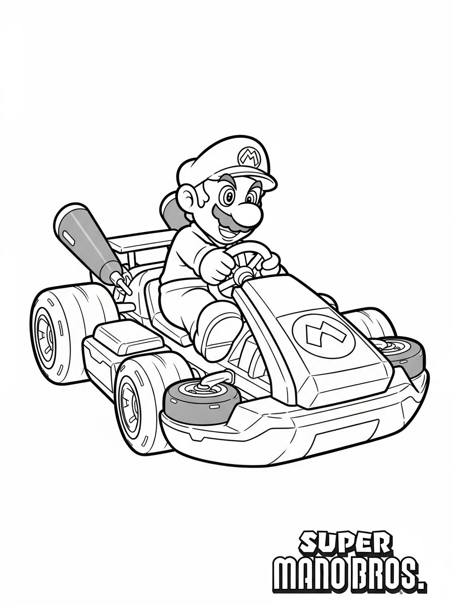 Desenho do Super Mario Bros com Mario e kart para colorir
