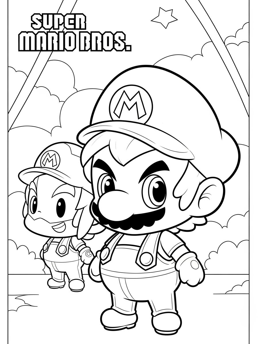 Desenho do Super Mario Bros com o Mario e Luigi para colorir