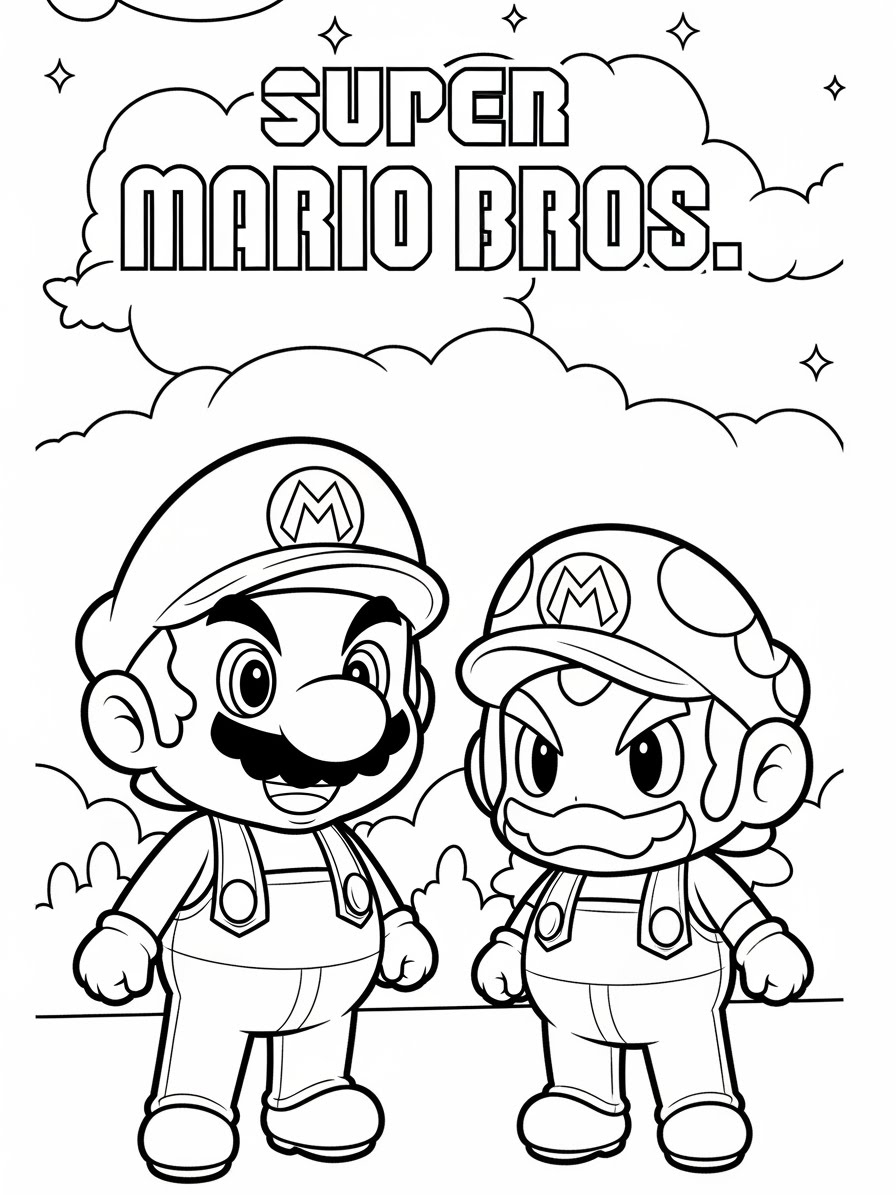 Desenho do Super Mario Bros com Mario e Toad para colorir
