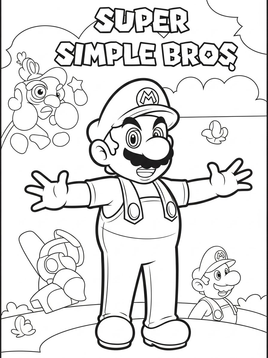 Desenho do Super Mario Bros com o Mario e Yoshi para colorir