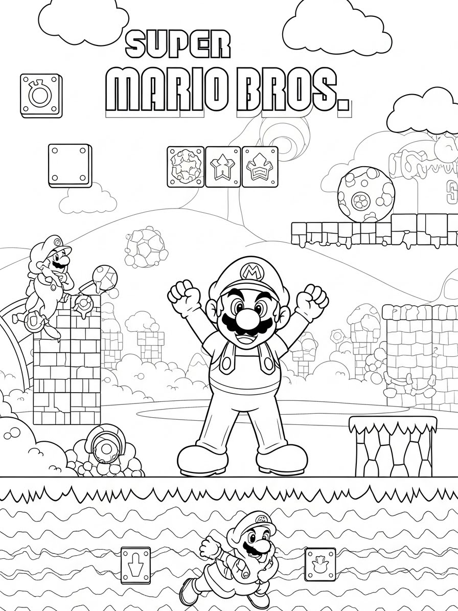 Desenho do Super Mario Bros com o Mario e o Luigi para colorir