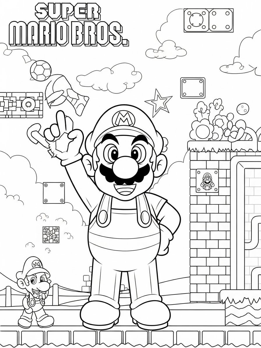 Desenho do Super Mario Bros com Mario e Luigi para colorir