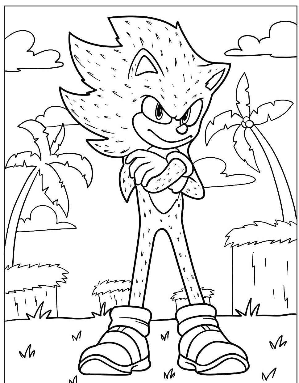 Desenho do Sonic com postura confiante para imprimir e colorir