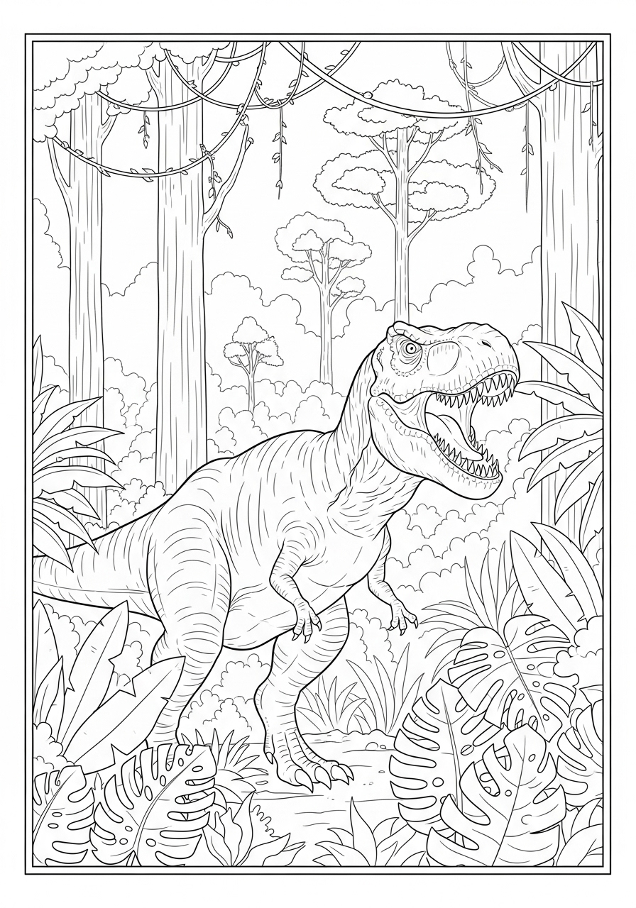 Desenho de T-Rex em floresta tropical para colorir