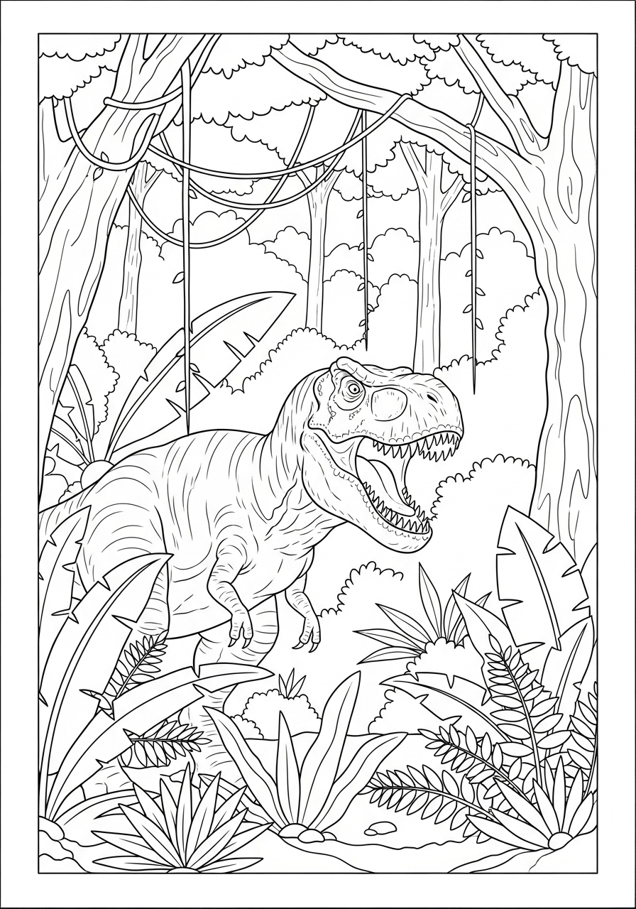 Desenho de T-Rex rugindo em floresta para colorir
