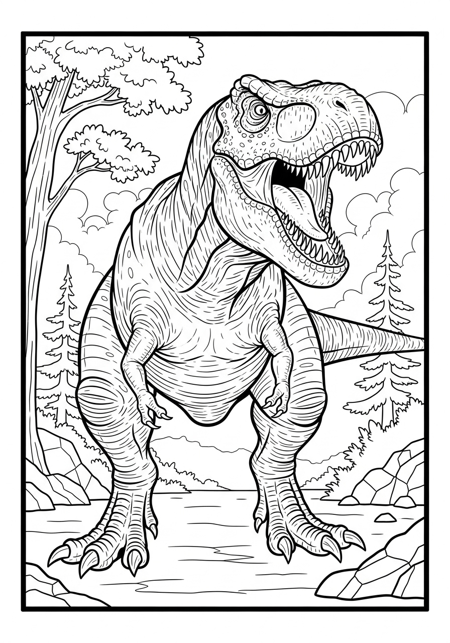 Desenho detalhado de T-Rex em paisagem pré-histórica