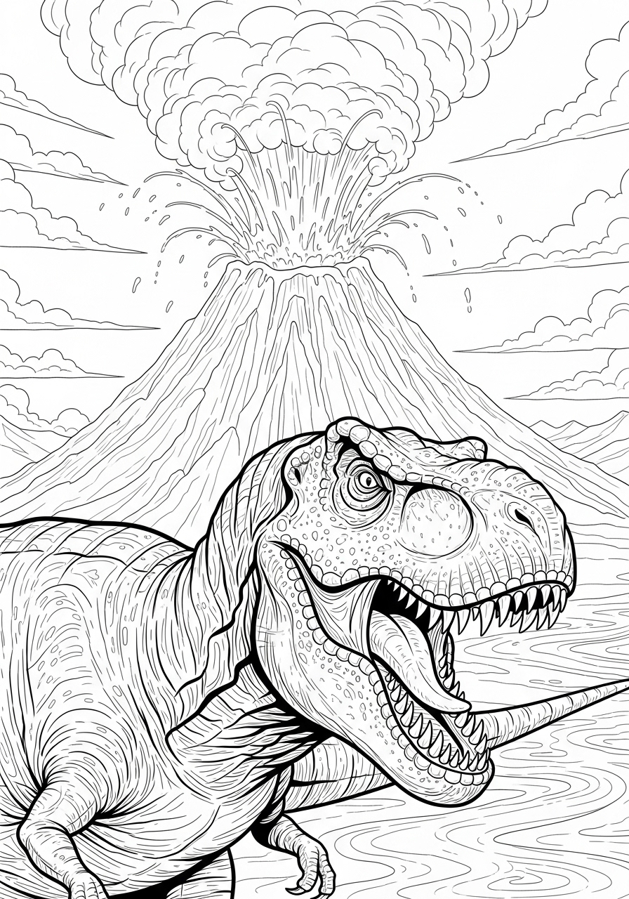 Desenho de T-Rex em frente a um vulcão em erupção