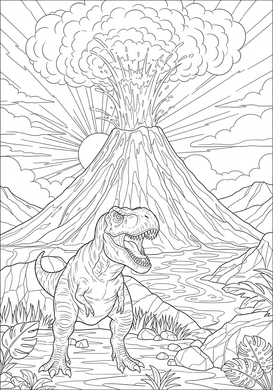 Desenho do T-Rex diante de vulcão em erupção para colorir