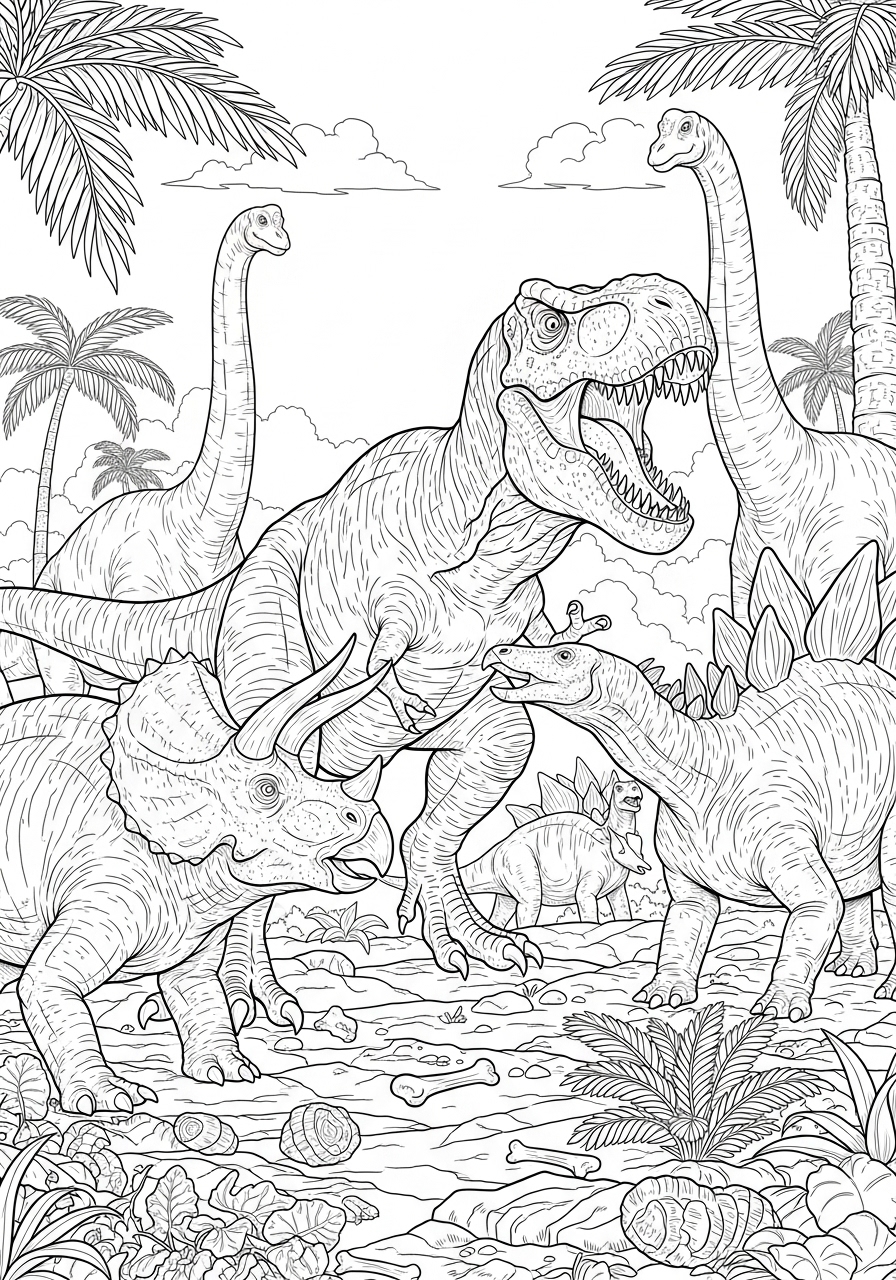 Desenho de T-Rex e dinossauros na selva para colorir