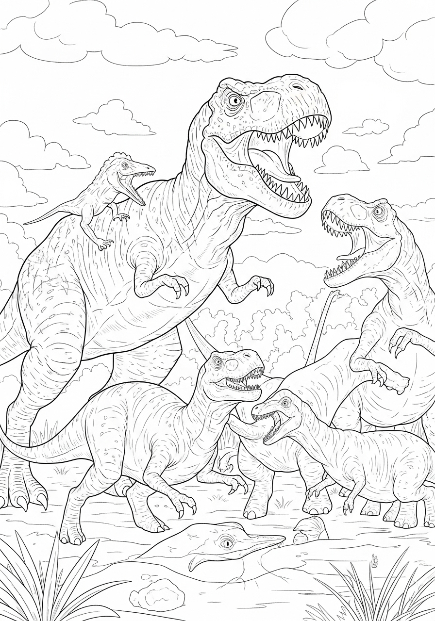 Desenho de T-Rex e velociraptors em meio à natureza