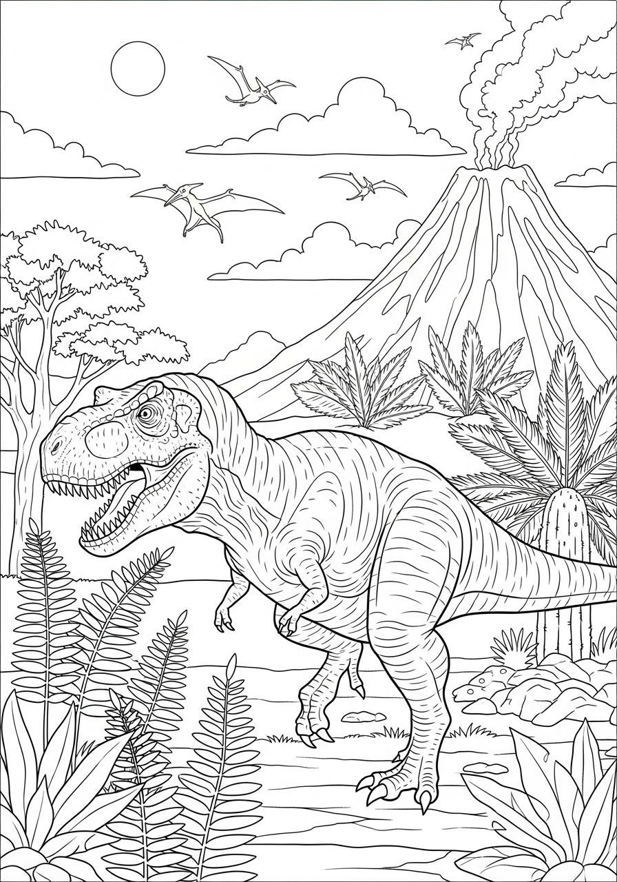 Desenho de T-Rex pré-histórico com dinossauros para colorir
