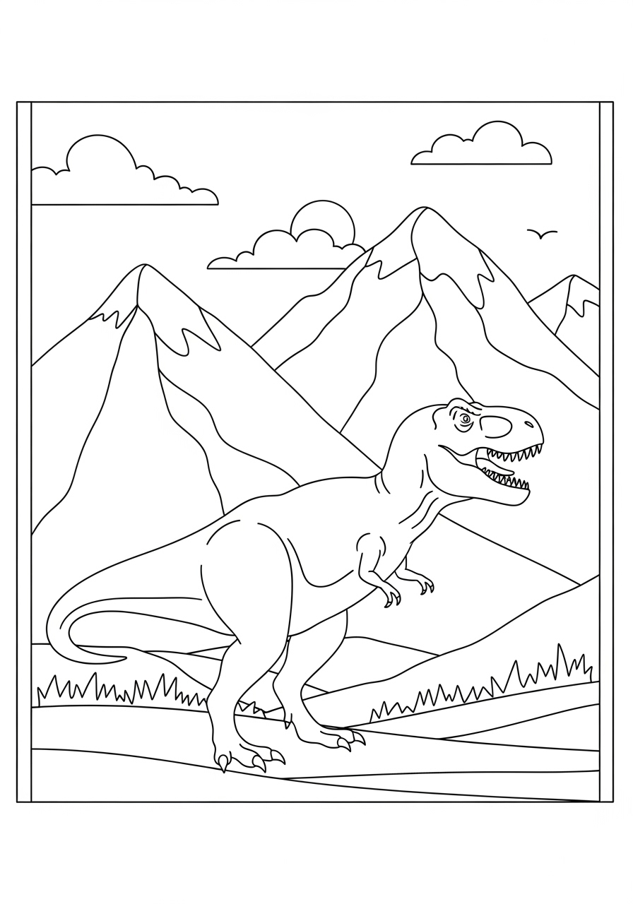 Desenho de T-Rex diante de montanhas para colorir