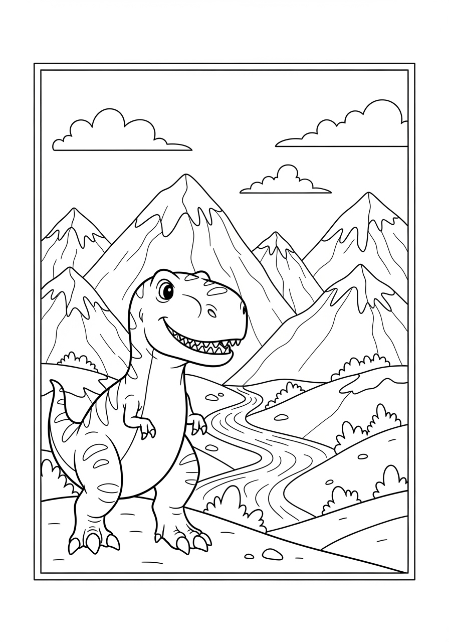 Desenho de T-Rex sorridente em uma paisagem montanhosa