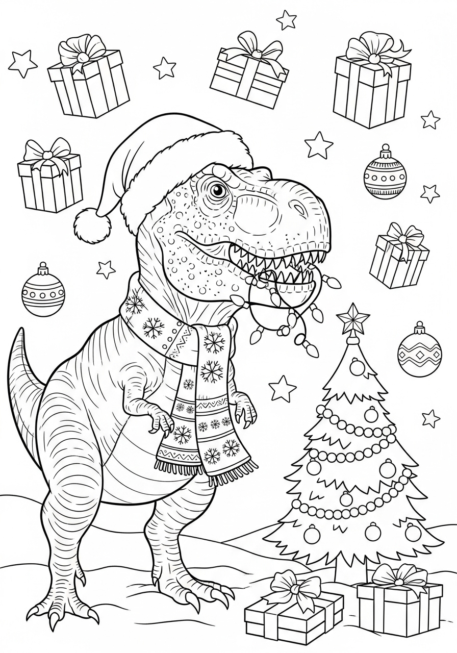 Desenho de T-Rex natalino com presentes para colorir