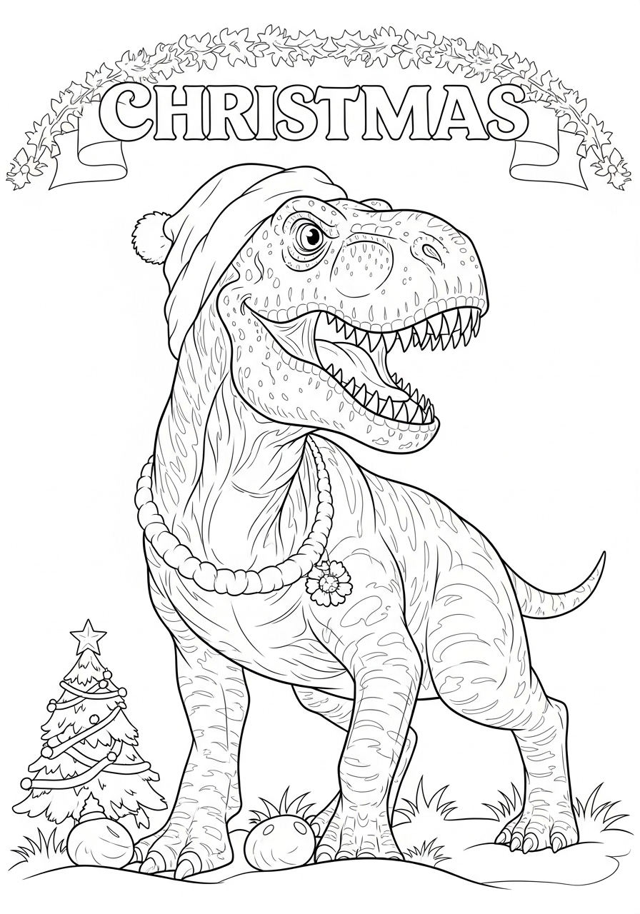 Desenho do T-Rex com gorro de natal para colorir