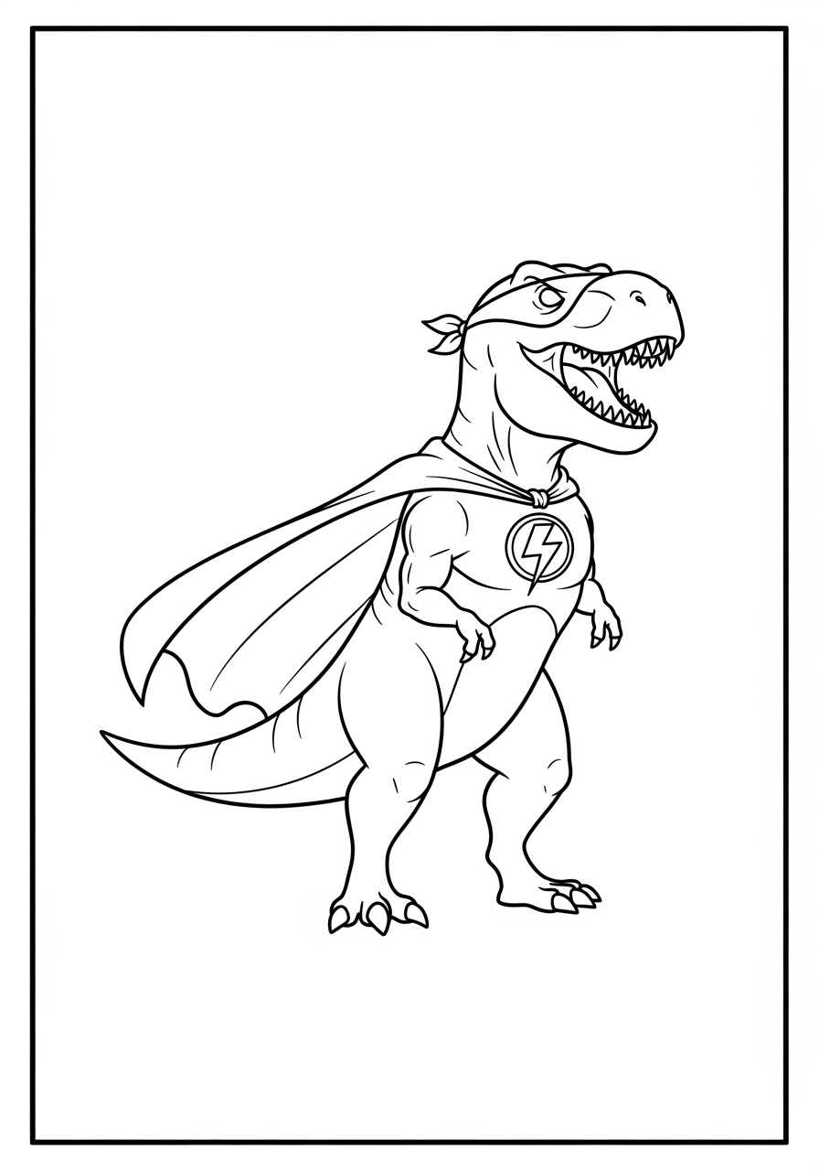 Desenho de T-Rex super-herói com capa para colorir