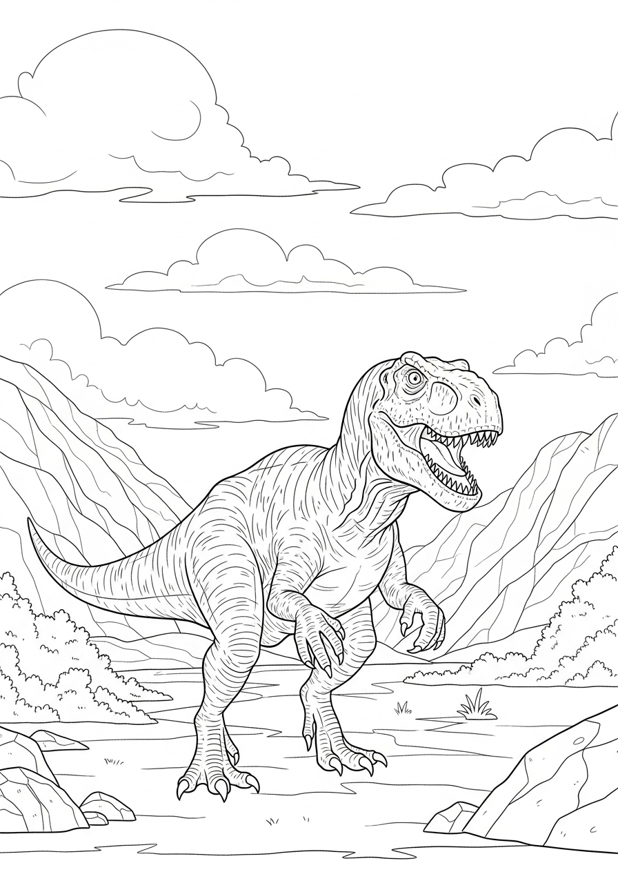 Desenho do T-Rex em paisagem natural para colorir