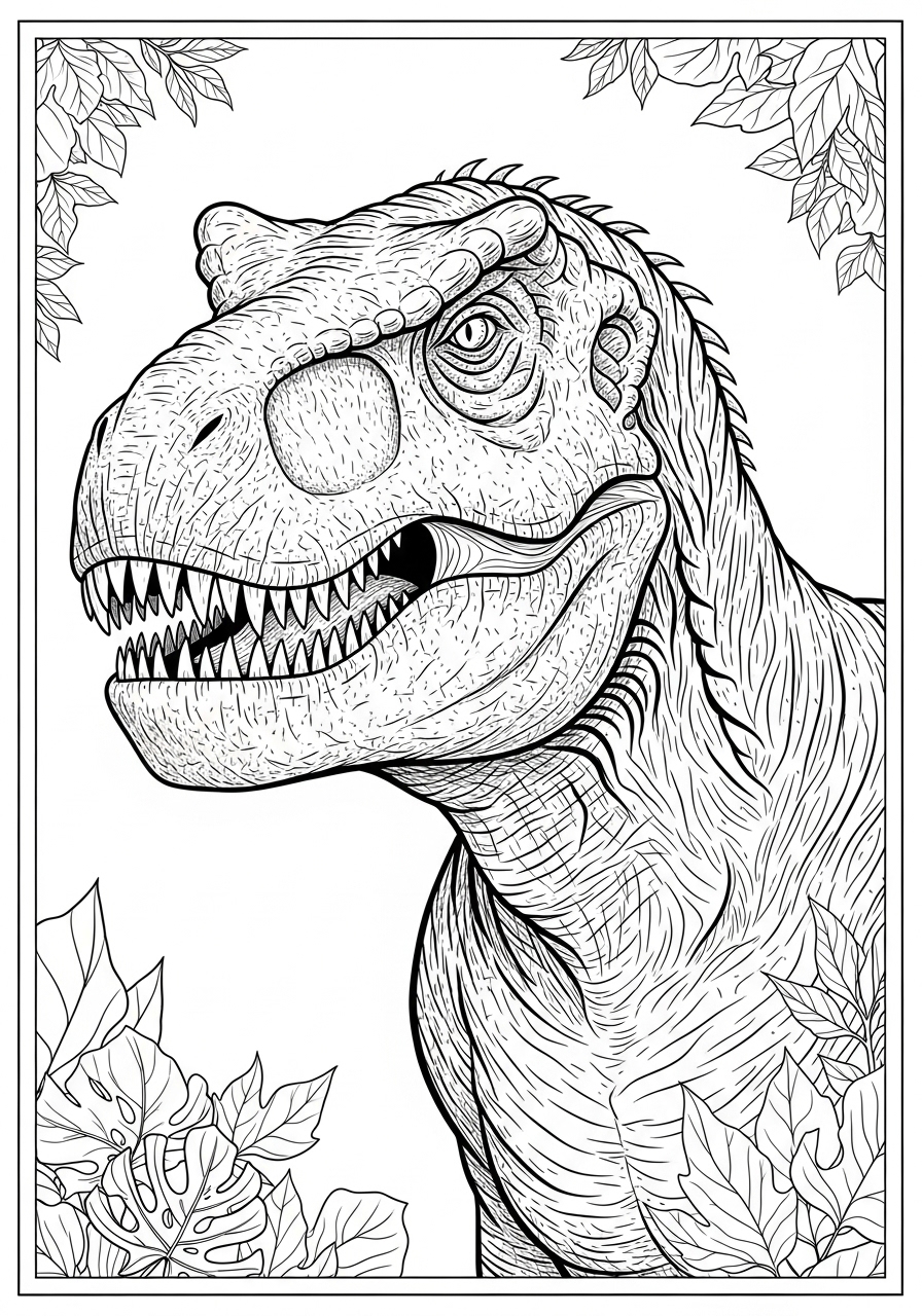 Desenho detalhado de T-Rex com folhas ao redor