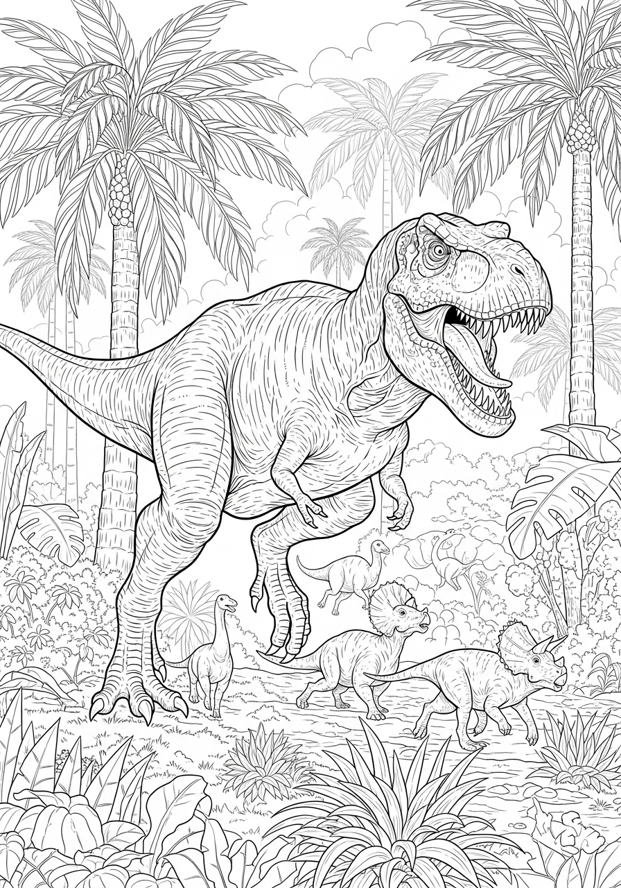Desenho de T-Rex em floresta tropical para colorir