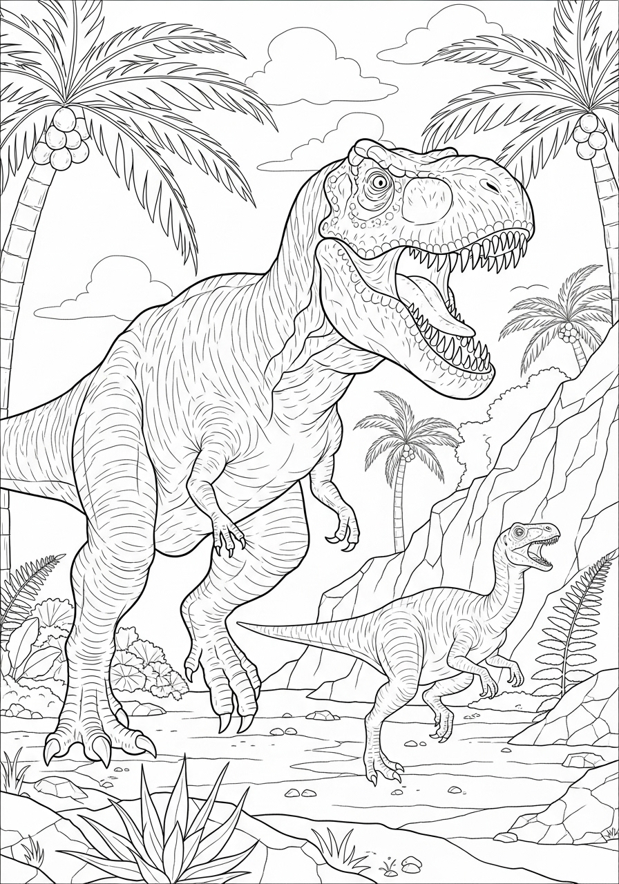 Desenho de T-Rex e velociraptor em cenário pré-histórico