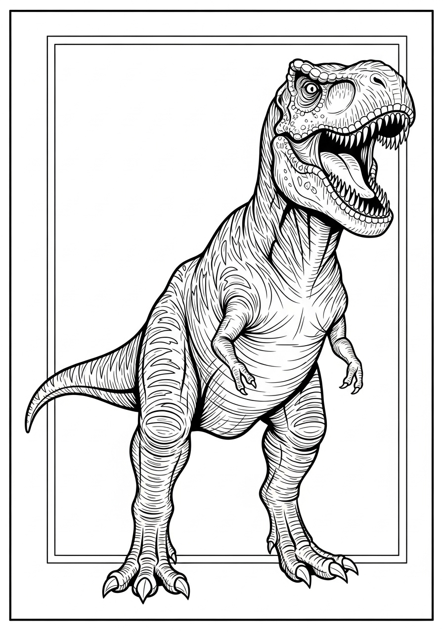 Desenho do T-Rex em pé com a boca aberta para colorir
