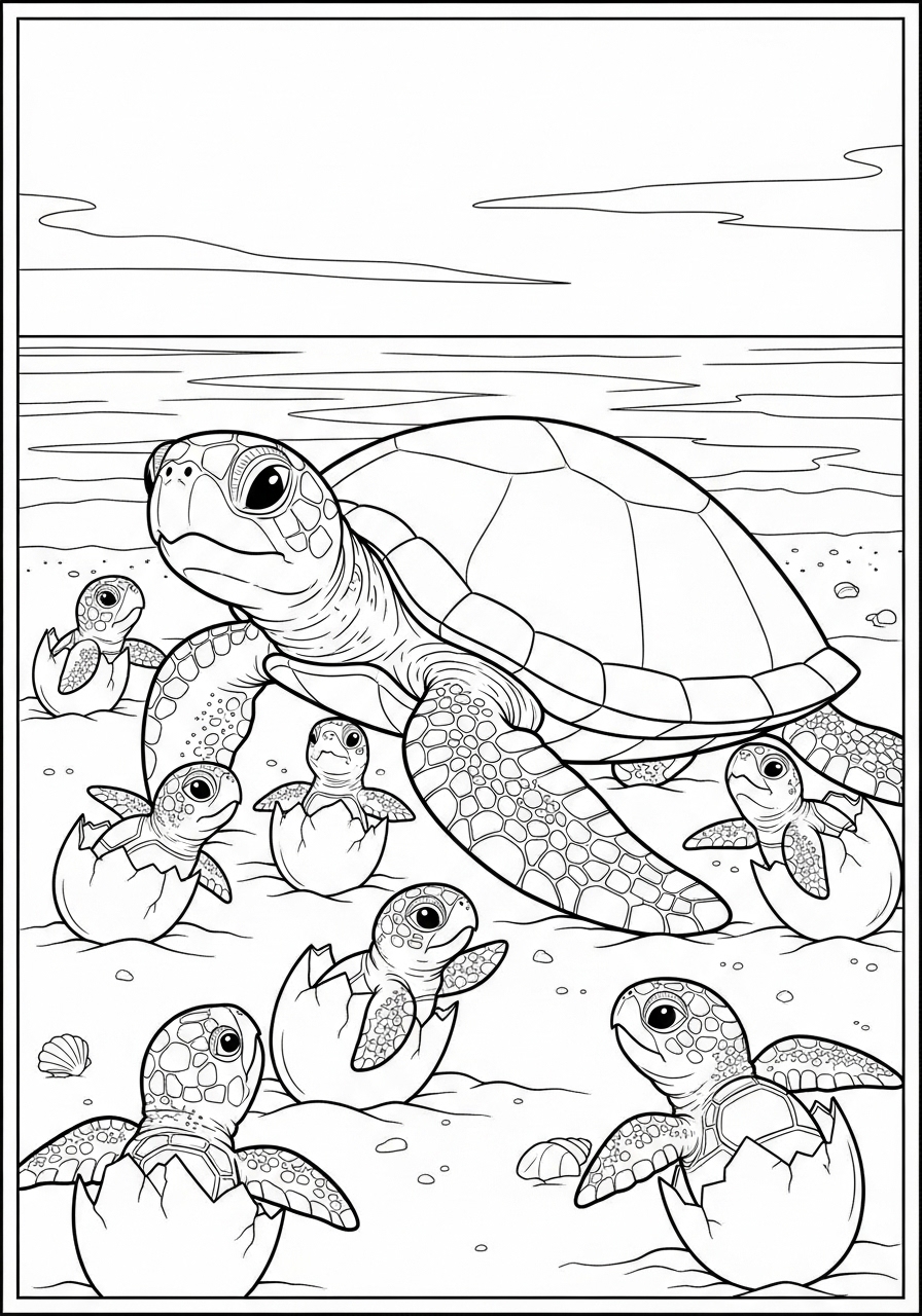 Desenho de Tartaruga e filhotes saindo dos ovos para colorir