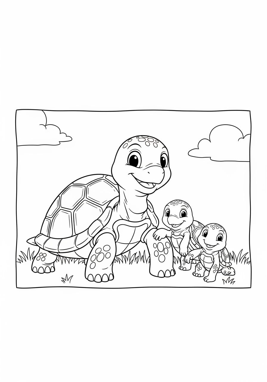 Desenho de Tartaruga com filhotes em um cenário natural