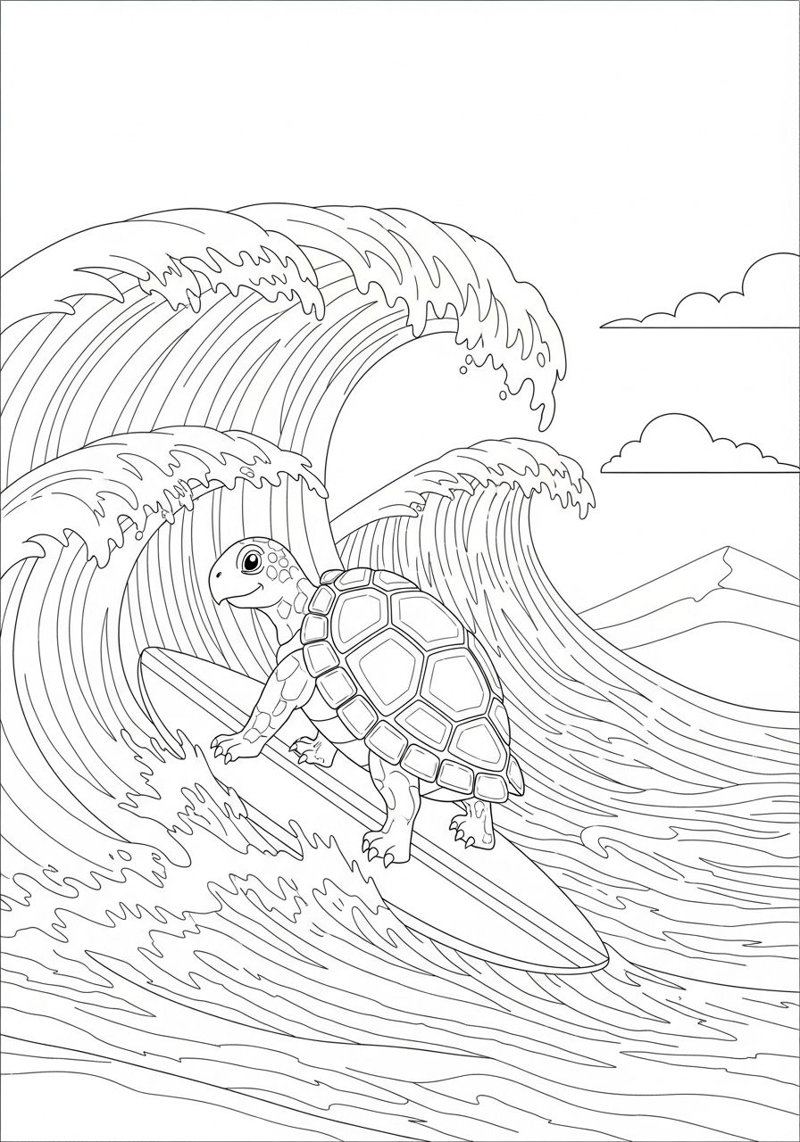 Desenho de Tartaruga surfando em ondas para colorir