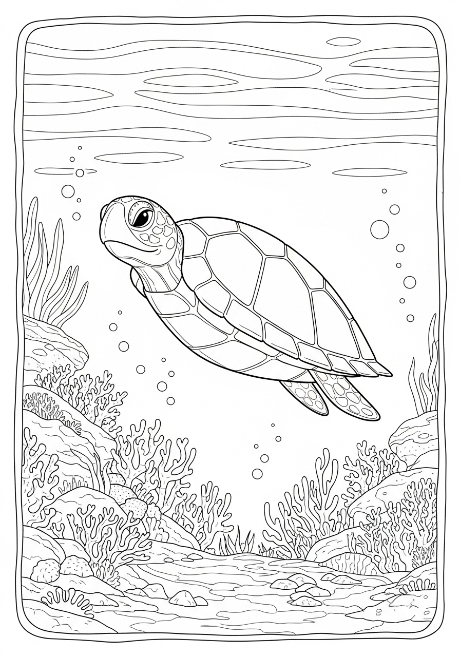 Desenho de Tartaruga nadando entre corais para colorir