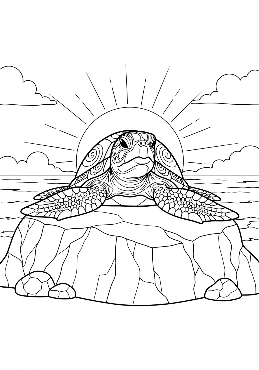 Desenho de Tartaruga descansando sobre uma rocha ao sol