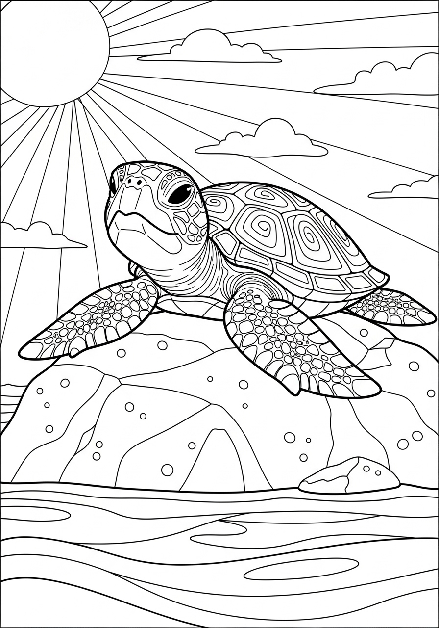 Desenho de Tartaruga descansando em uma pedra ao sol