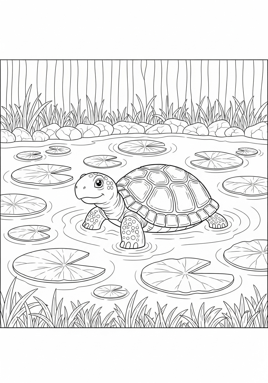 Desenho de Tartaruga em um lago com folhas de vitória regia
