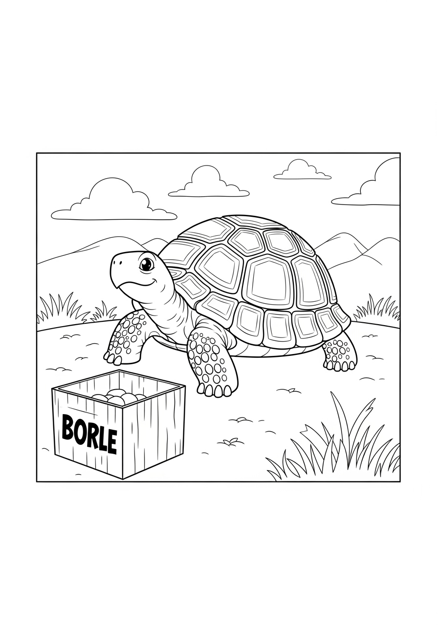 Desenho de Tartaruga em um cenário com caixa e montanhas