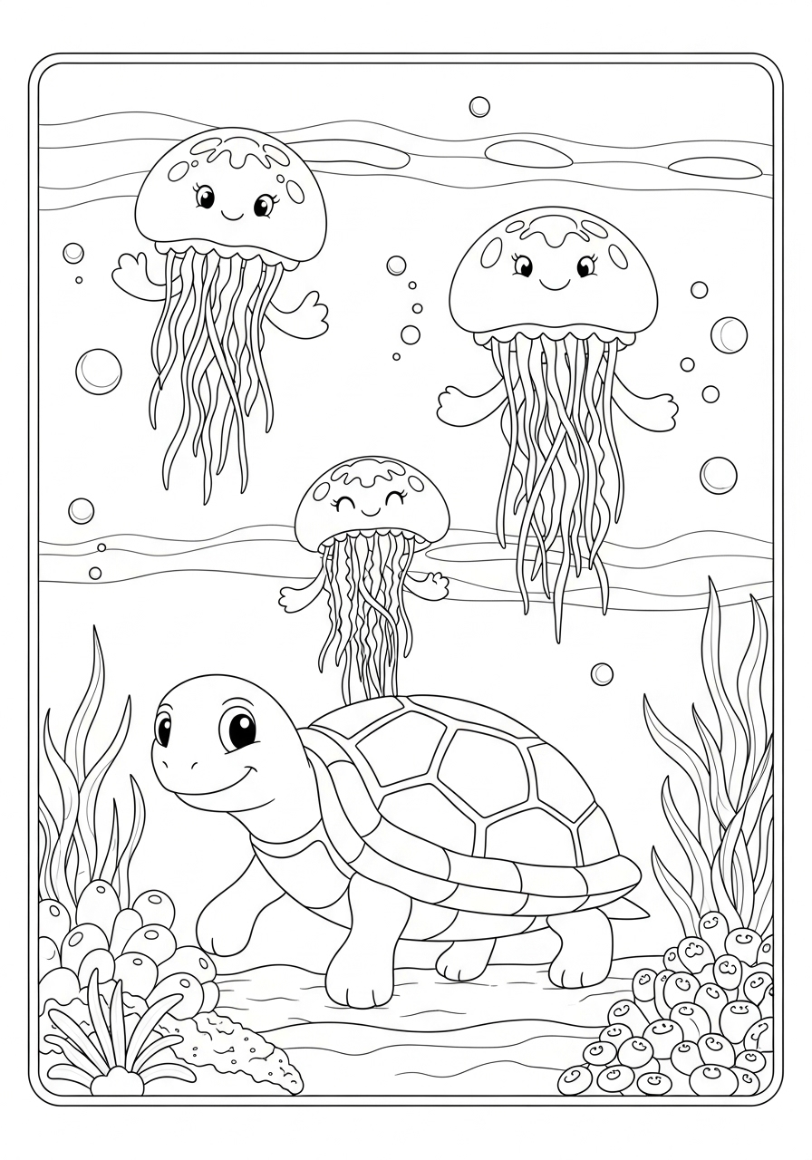 Desenho de Tartaruga nadando entre águas com águas-vivas