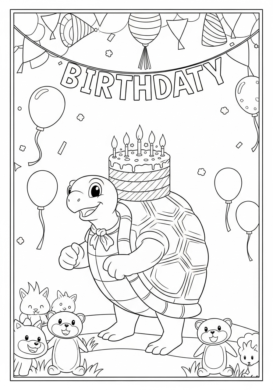 Desenho de Tartaruga comemorando aniversário com amigos