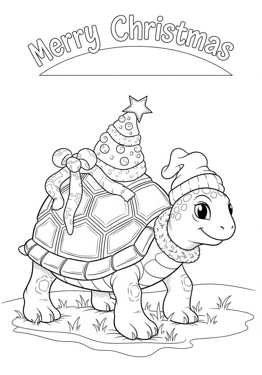 Desenho de Tartaruga festiva com gorro e decoração de Natal