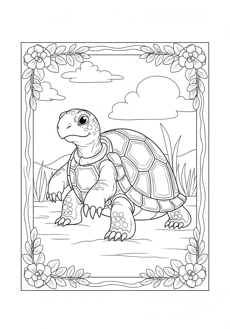 Desenho de Tartaruga em um lago rodeada de flores