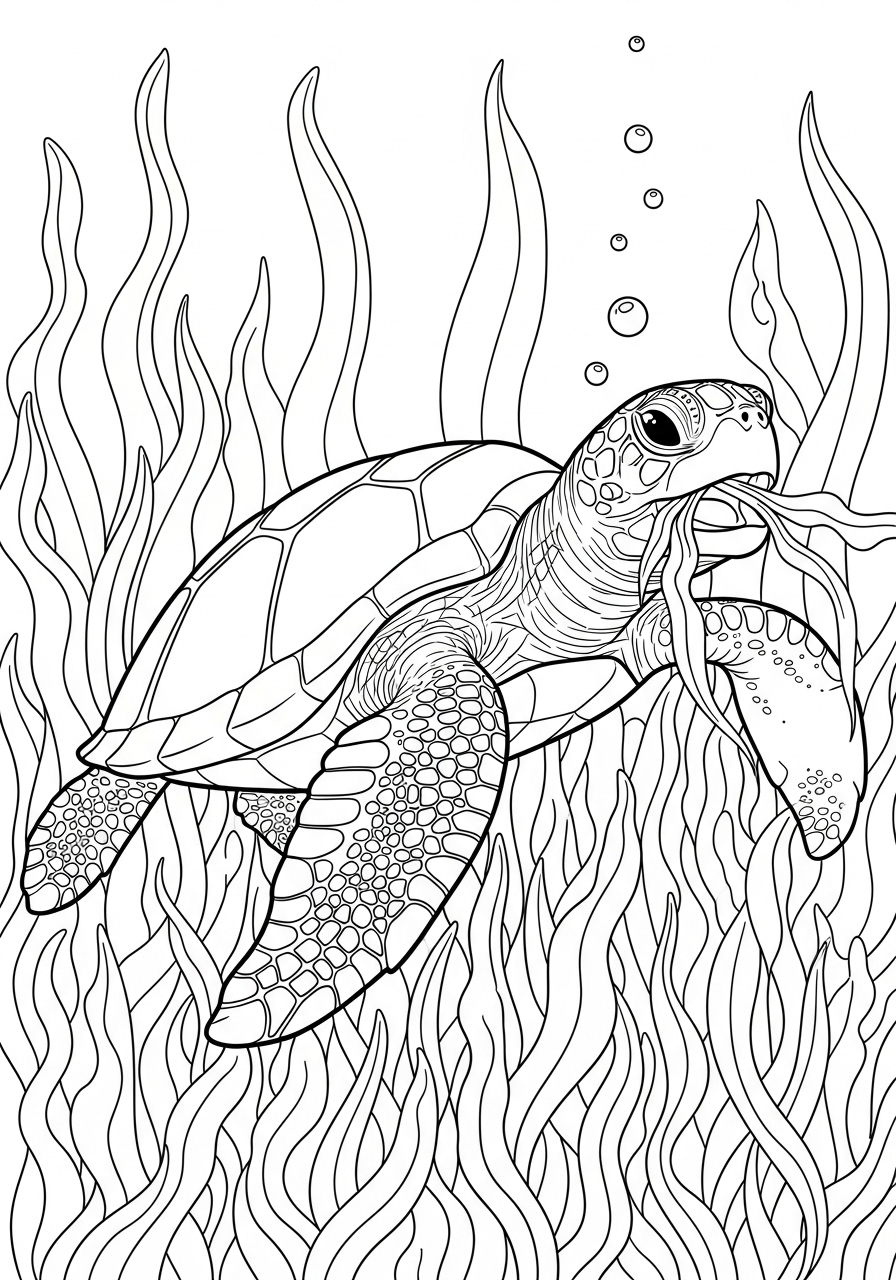 Desenho de Tartaruga nadando entre algas para colorir