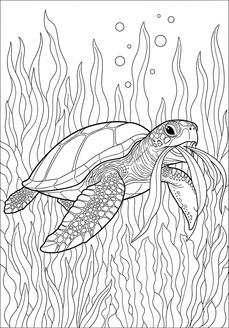 Desenho de Tartaruga nadando entre algas para colorir