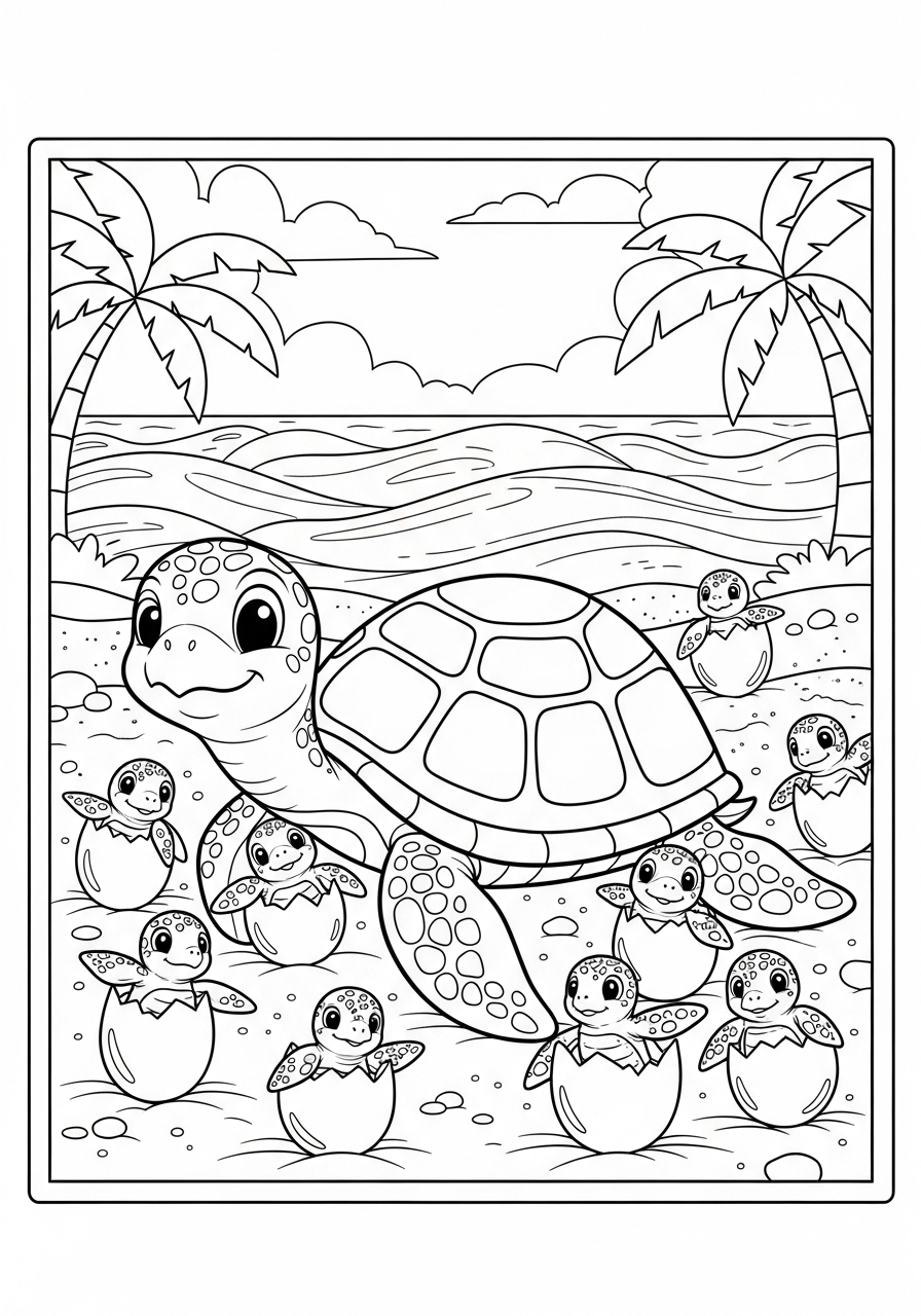 Desenho de Tartaruga e filhotes na praia para colorir