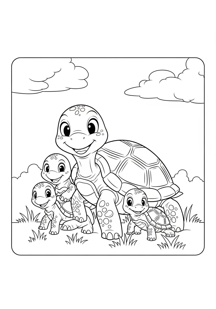Desenho de Tartaruga e filhotes em campo com nuvens